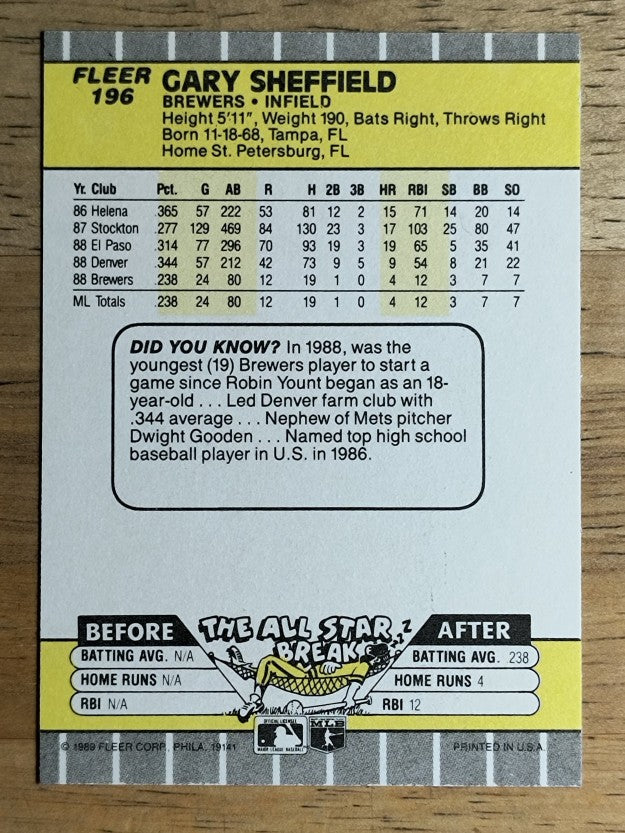 1989 Fleer #196 Gary Sheffield RC