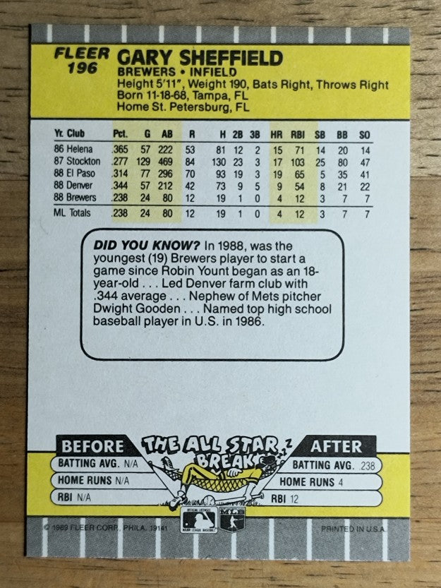 1989 Fleer #196 Gary Sheffield RC