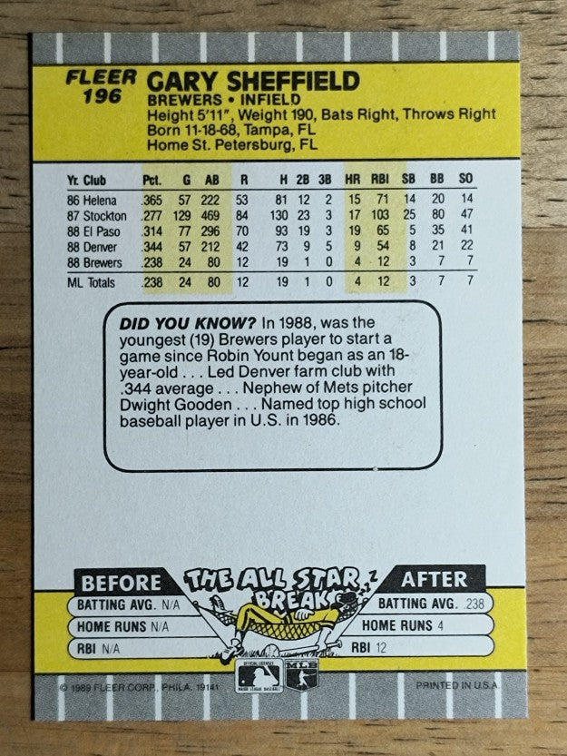 1989 Fleer #196 Gary Sheffield RC