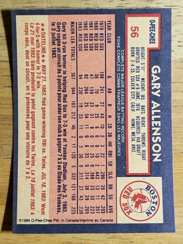 1984 O-Pee-Chee #56 Gary Allenson
