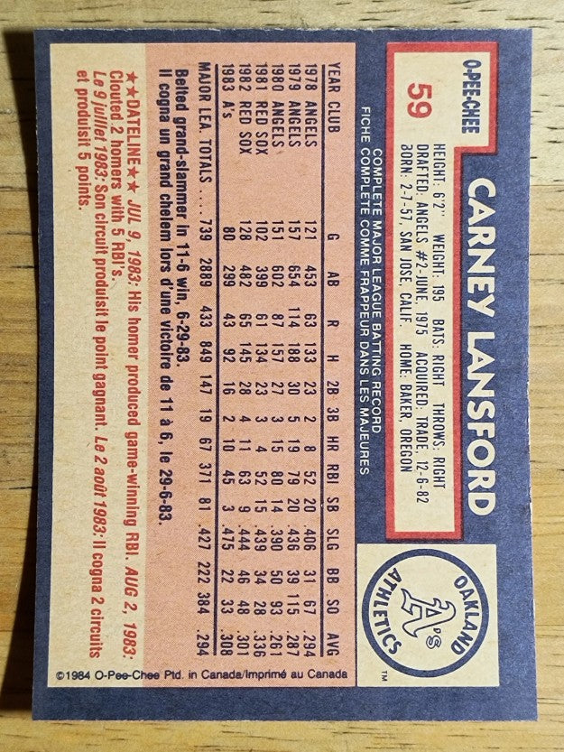 1984 O-Pee-Chee #59 Carney Lansford