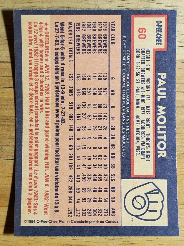 1984 O-Pee-Chee #60 Paul Molitor
