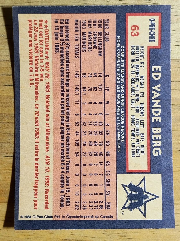 1984 O-Pee-Chee #63 Ed VandeBerg