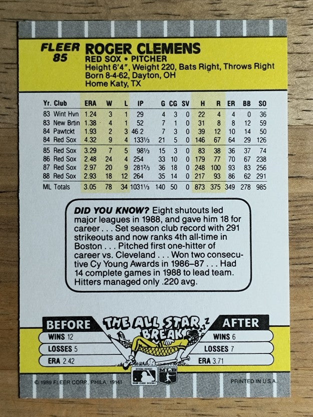 1989 Fleer #85 Roger Clemens