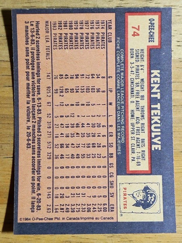1984 O-Pee-Chee #74 Kent Tekulve