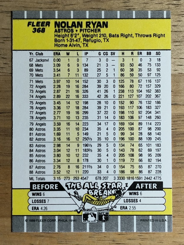 1989 Fleer #368 Nolan Ryan