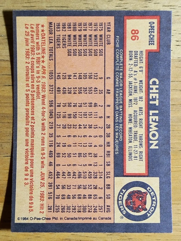 1984 O-Pee-Chee #86 Chet Lemon