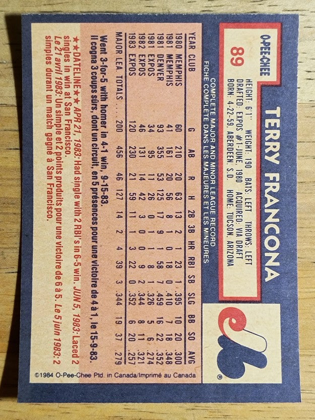 1984 O-Pee-Chee #89 Terry Francona