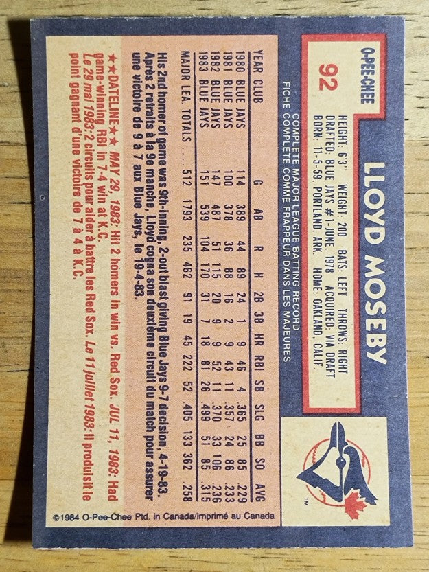 1984 O-Pee-Chee #92 Lloyd Moseby