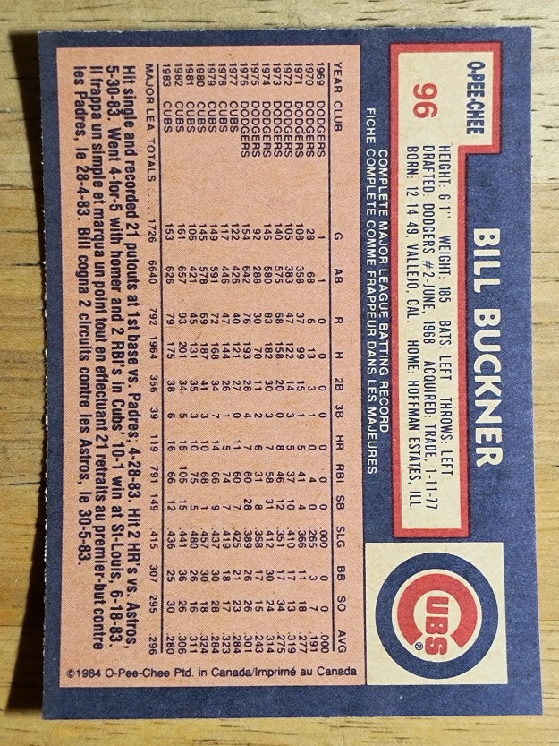 1984 O-Pee-Chee #96 Bill Buckner