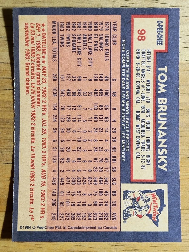 1984 O-Pee-Chee #98 Tom Brunansky