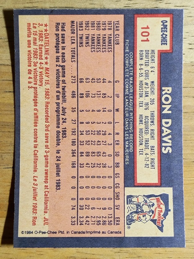 1984 O-Pee-Chee #101 Ron Davis
