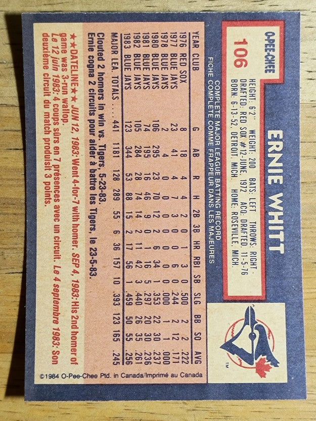 1984 O-Pee-Chee #106 Ernie Whitt