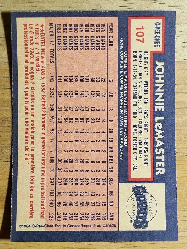 1984 O-Pee-Chee #107 Johnnie LeMaster
