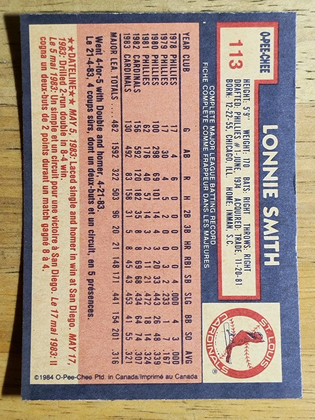 1984 O-Pee-Chee #113 Lonnie Smith