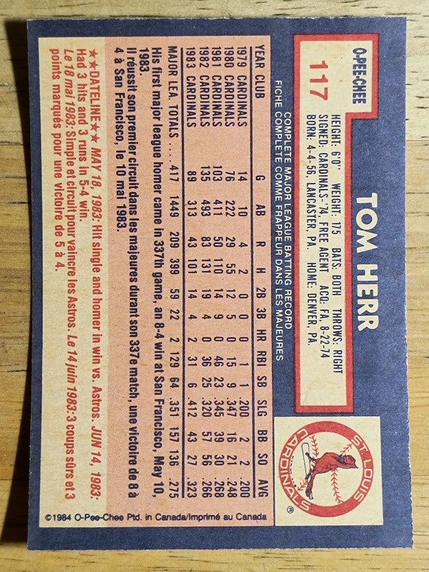 1984 O-Pee-Chee #117 Tom Herr