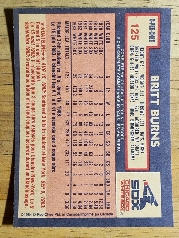 1984 O-Pee-Chee #125 Britt Burns