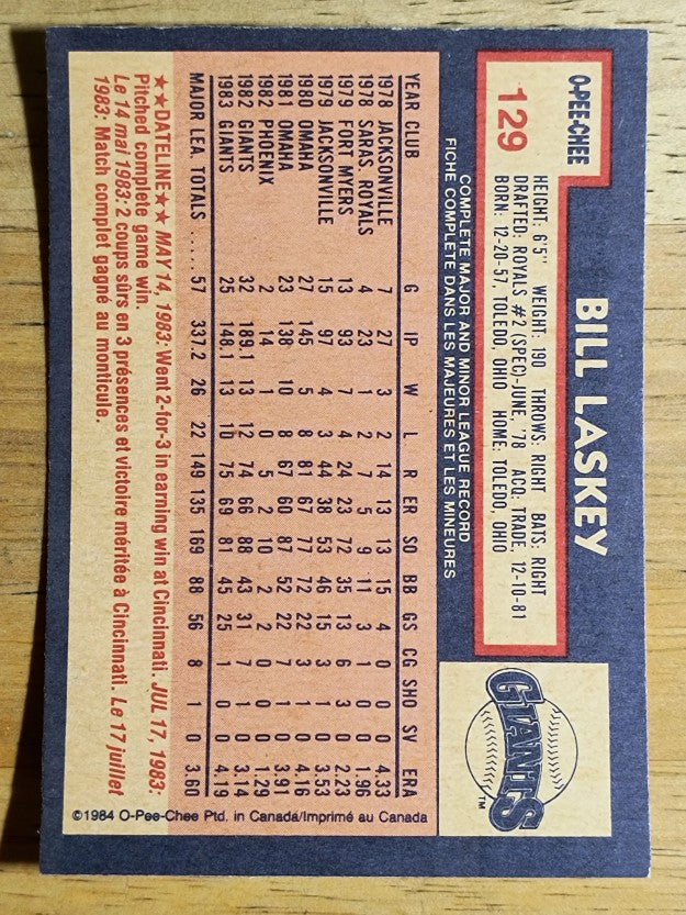 1984 O-Pee-Chee #129 Bill Laskey