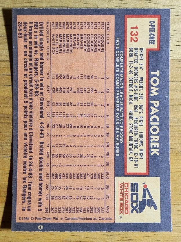 1984 O-Pee-Chee #132 Tom Paciorek