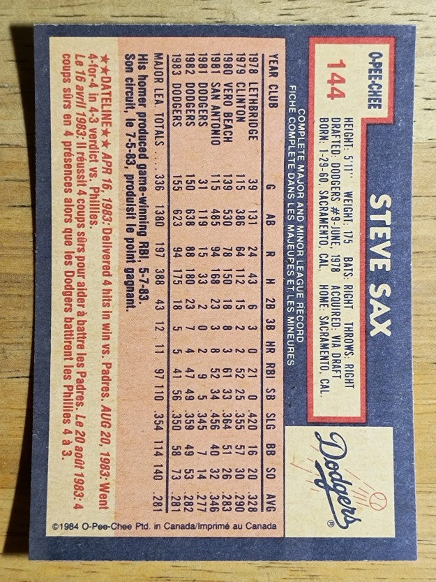1984 O-Pee-Chee #144 Steve Sax