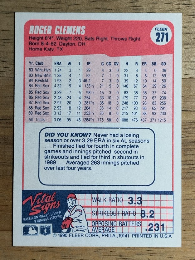 1990 Fleer #271 Roger Clemens