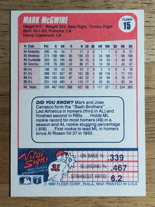 1990 Fleer #15 Mark McGwire