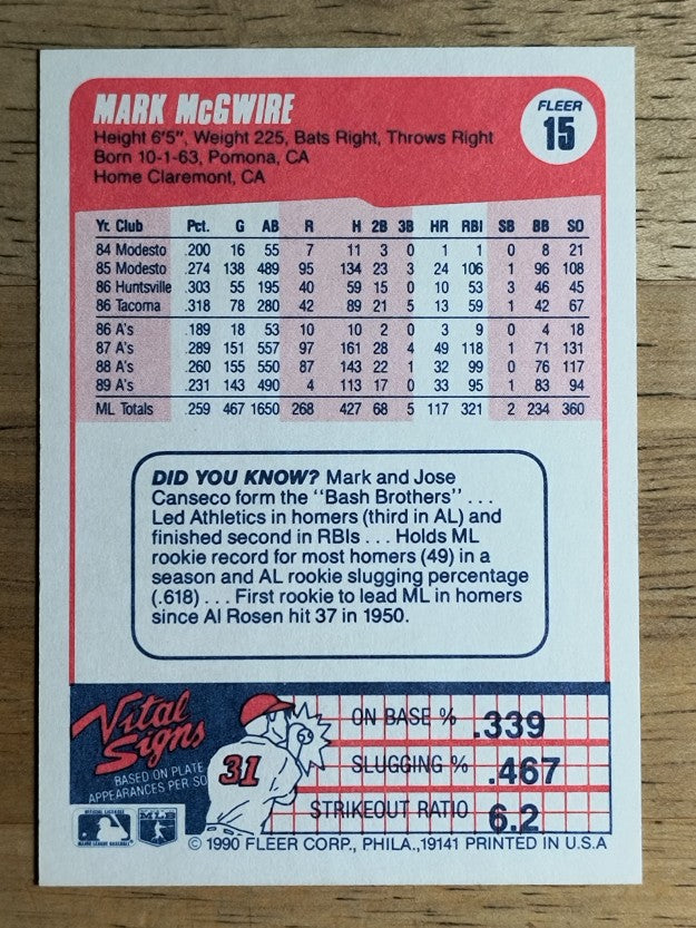 1990 Fleer #15 Mark McGwire