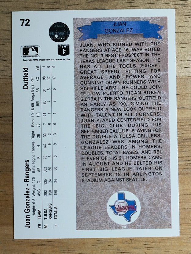 1990 Upper Deck #72 Juan Gonzalez RC