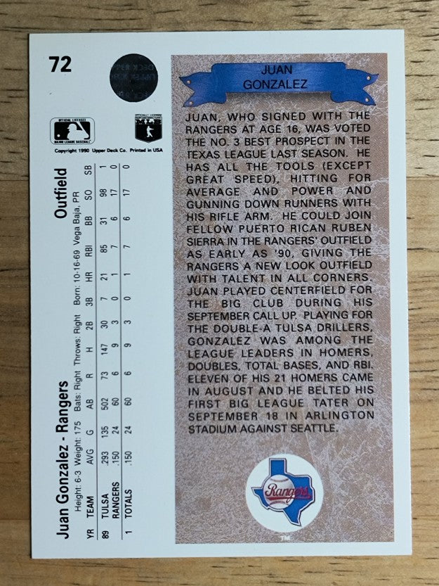 1990 Upper Deck #72 Juan Gonzalez RC