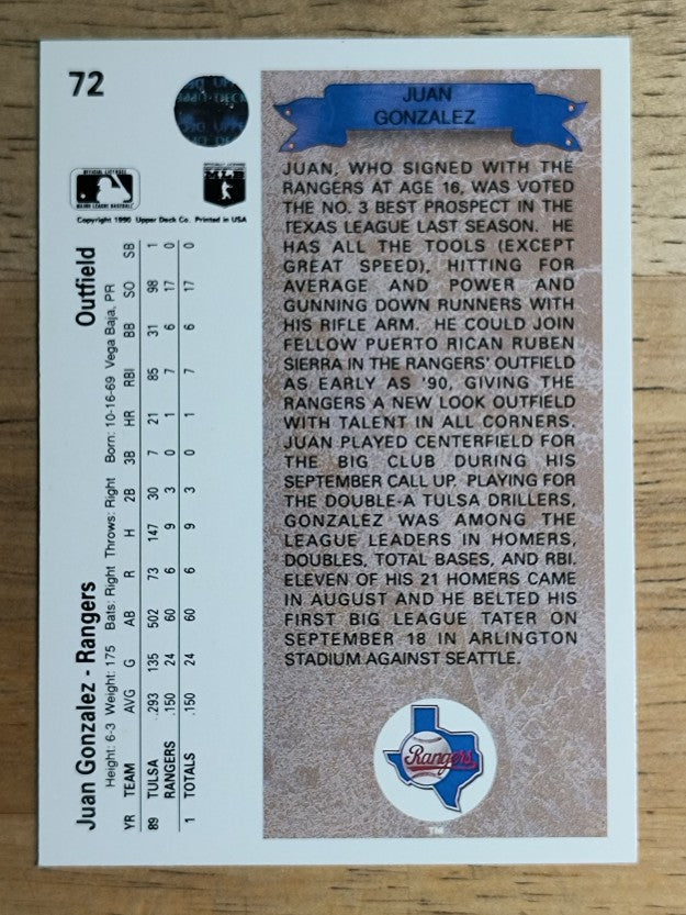 1990 Upper Deck #72 Juan Gonzalez RC