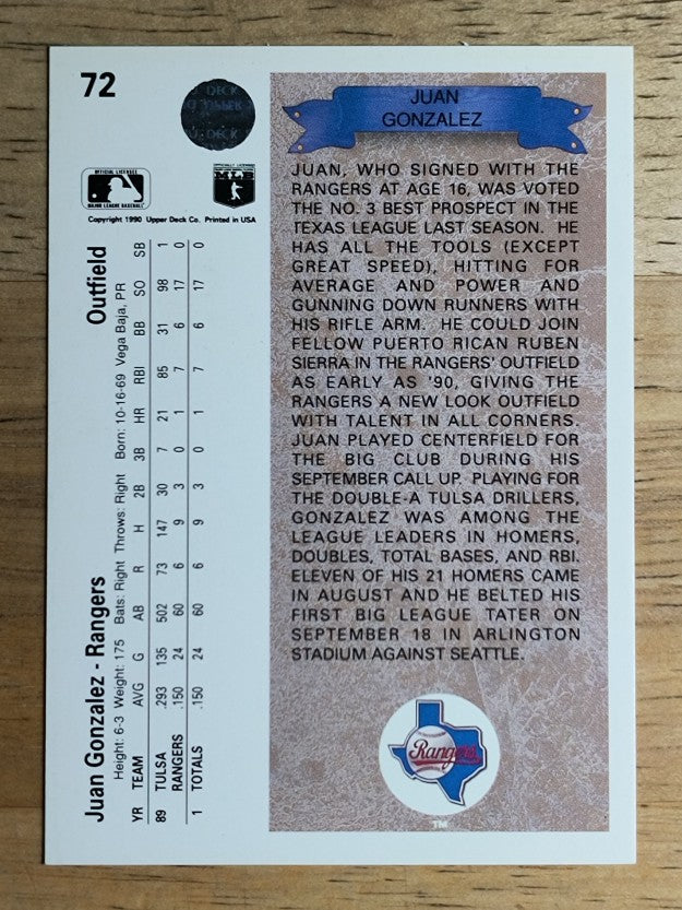 1990 Upper Deck #72 Juan Gonzalez RC
