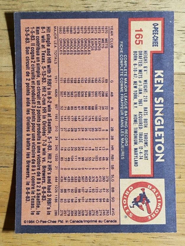 1984 O-Pee-Chee #165 Ken Singleton