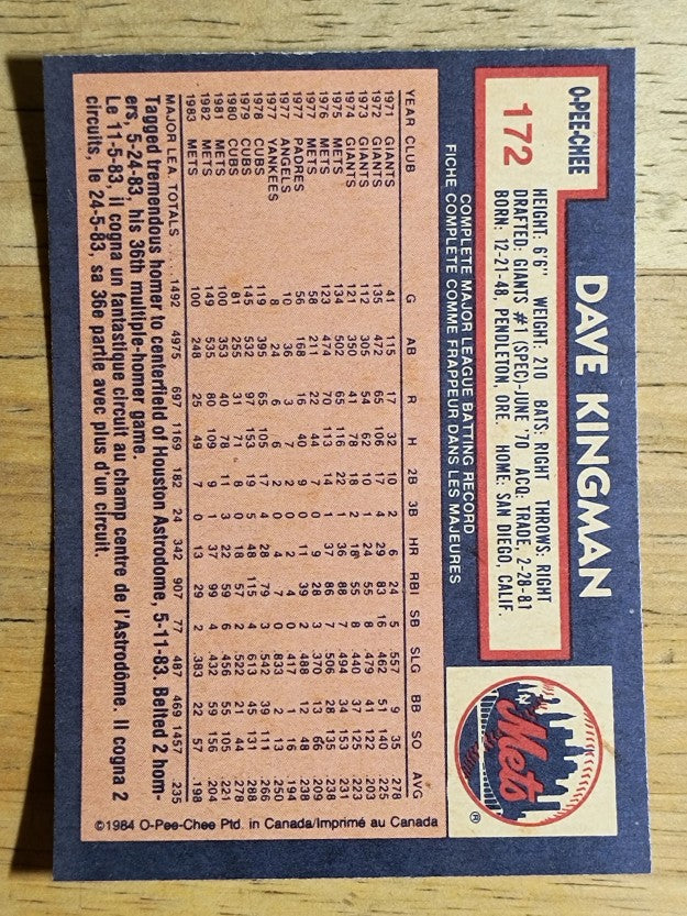 1984 O-Pee-Chee #172 Dave Kingman