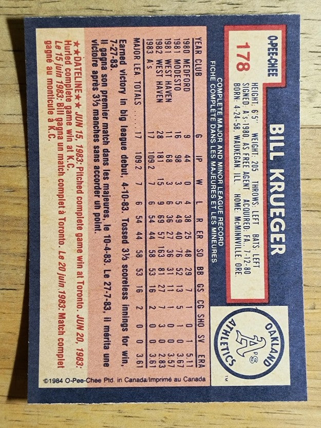 1984 O-Pee-Chee #178 Bill Krueger