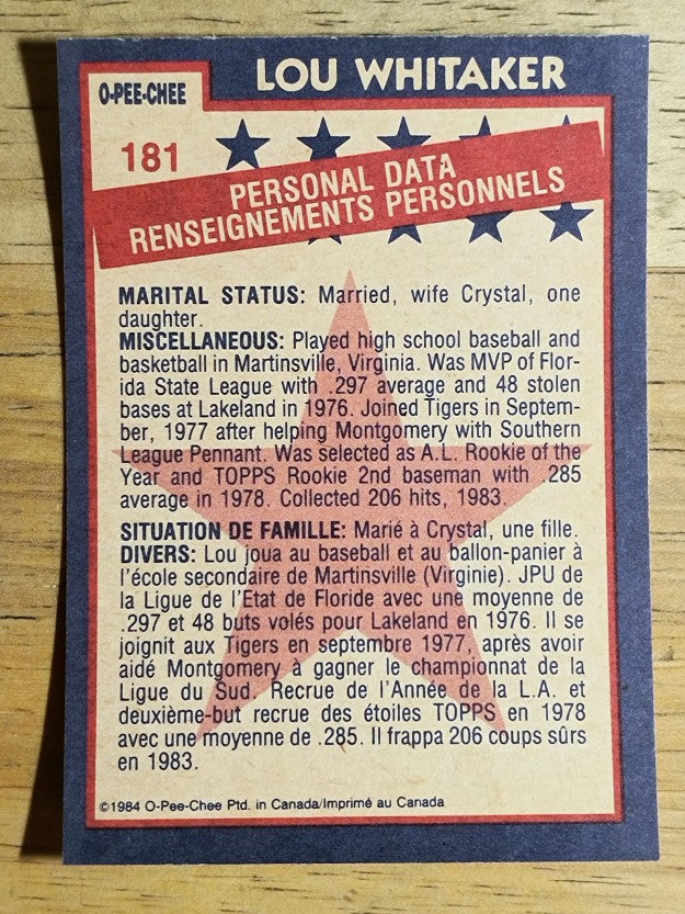 1984 O-Pee-Chee #181 Lou Whitaker AS