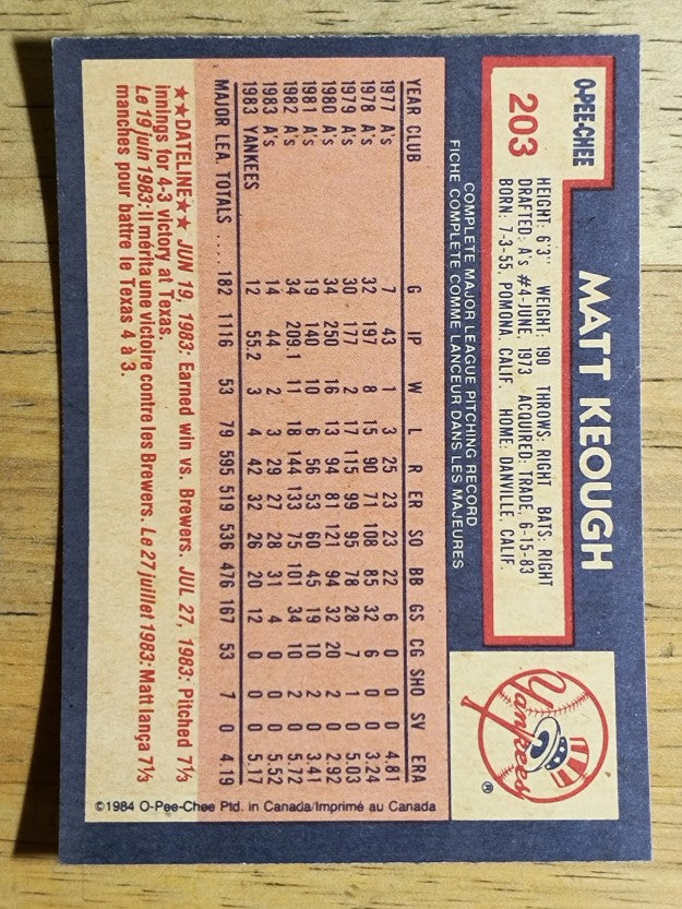 1984 O-Pee-Chee #203 Matt Keough