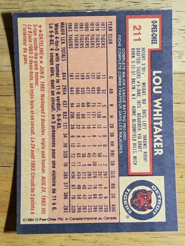1984 O-Pee-Chee #211 Lou Whitaker