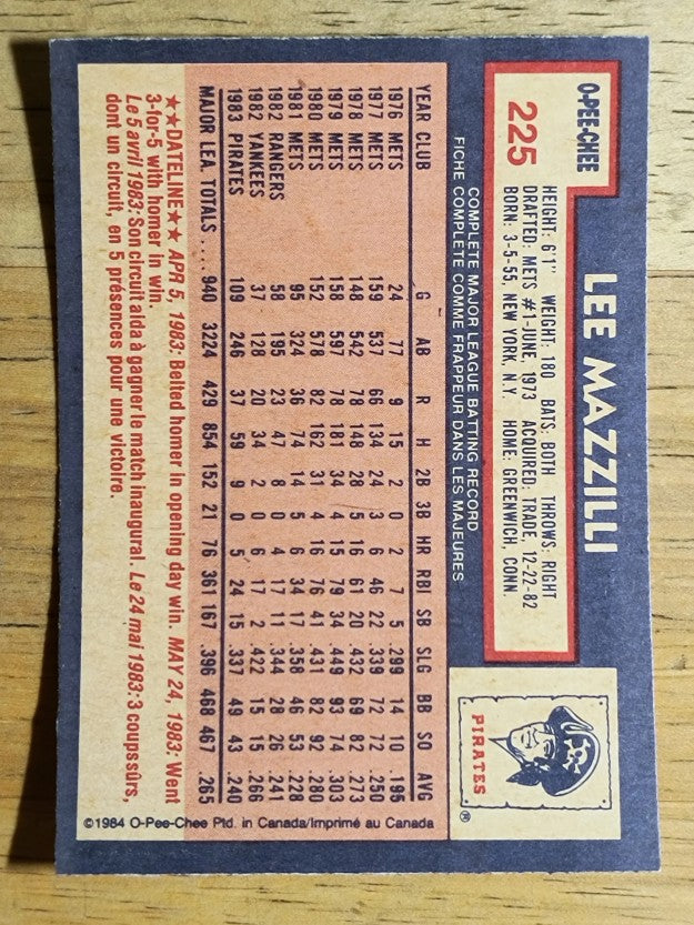 1984 O-Pee-Chee #225 Lee Mazzilli