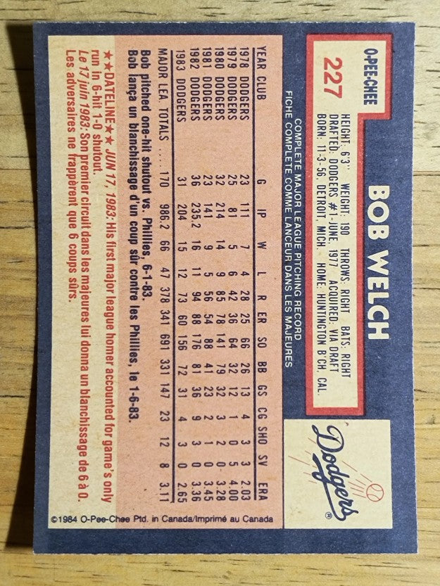 1984 O-Pee-Chee #227 Bob Welch