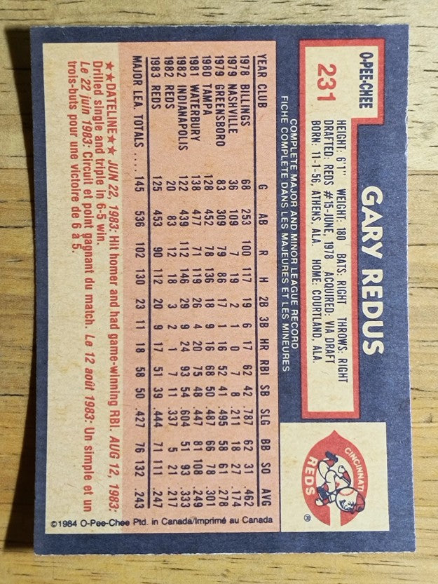 1984 O-Pee-Chee #231 Gary Redus