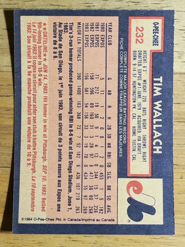 1984 O-Pee-Chee #232 Tim Wallach