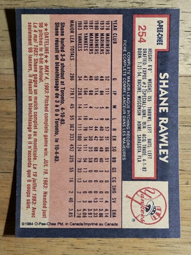 1984 O-Pee-Chee #254 Shane Rawley