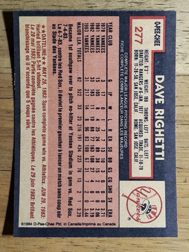 1984 O-Pee-Chee #277 Dave Righetti