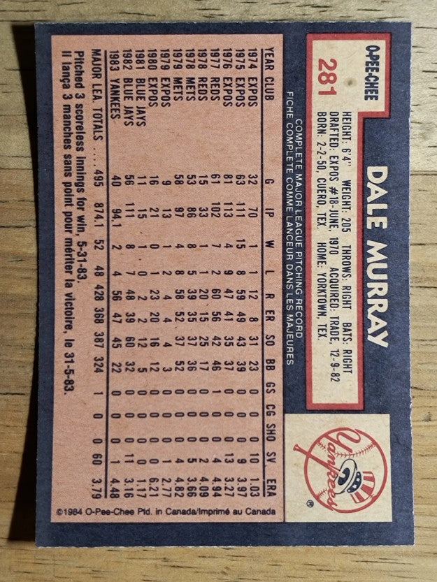 1984 O-Pee-Chee #281 Dale Murray