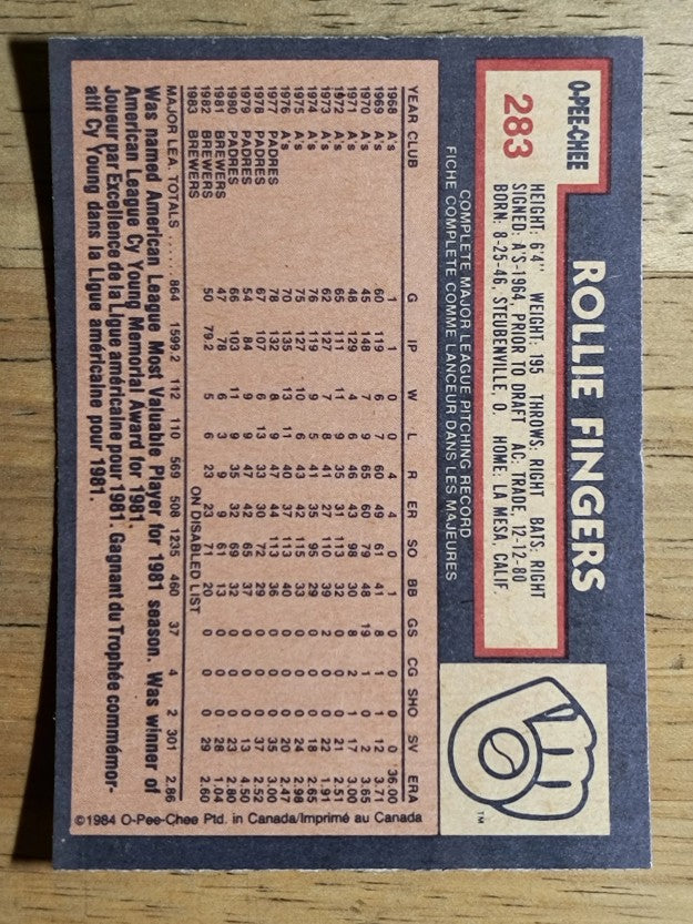 1984 O-Pee-Chee #283 Rollie Fingers