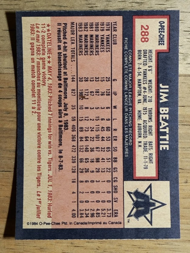 1984 O-Pee-Chee #288 Jim Beattie