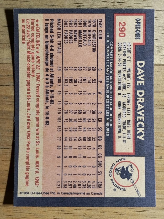 1984 O-Pee-Chee #290 Dave Dravecky