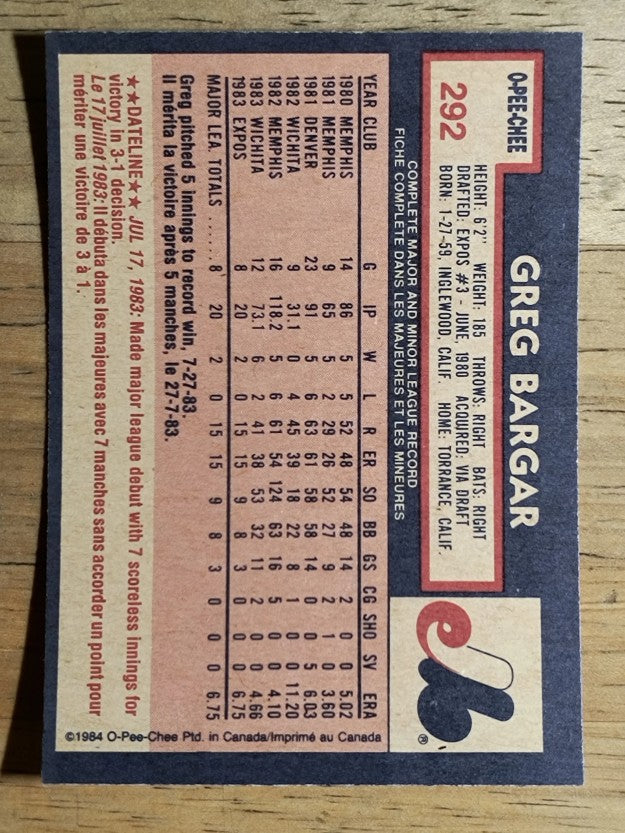 1984 O-Pee-Chee #292 Greg Bargar