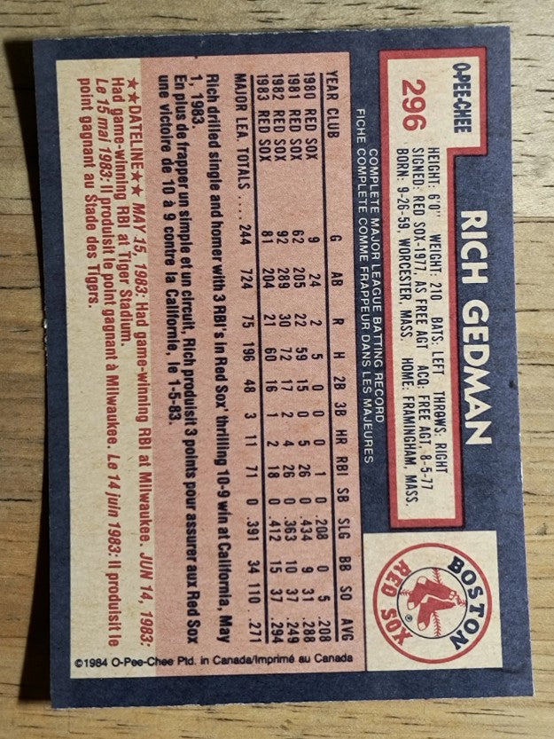 1984 O-Pee-Chee #296 Rich Gedman
