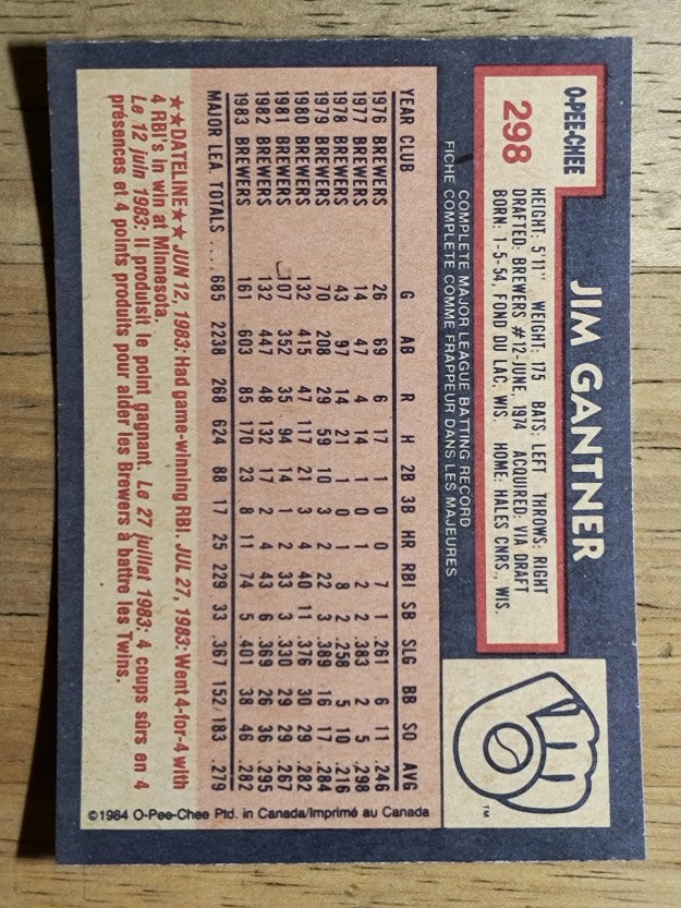 1984 O-Pee-Chee #298 Jim Gantner